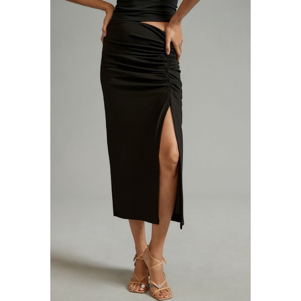 Anthropologie Black Ruched Midi Skirt